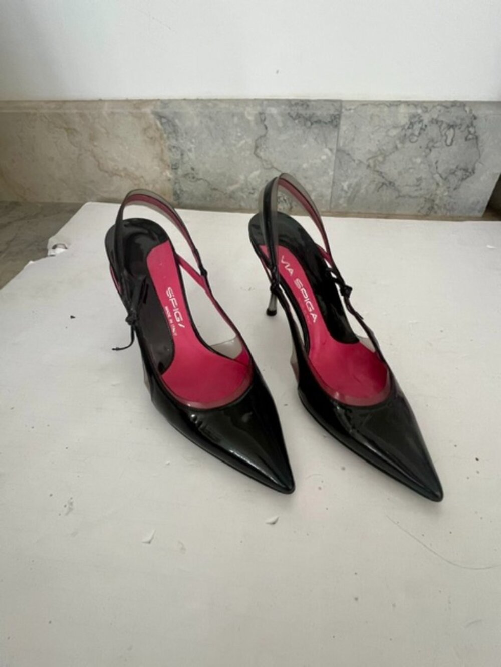 Via Spiga Black Metallic Leather Stiletto Slingback Heels Pointed Toe Pumps